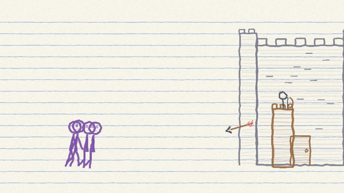 Doodlefort gameplay with hand-drawn invaders facing a crayon castle as an arrow flies across ruled paper.
