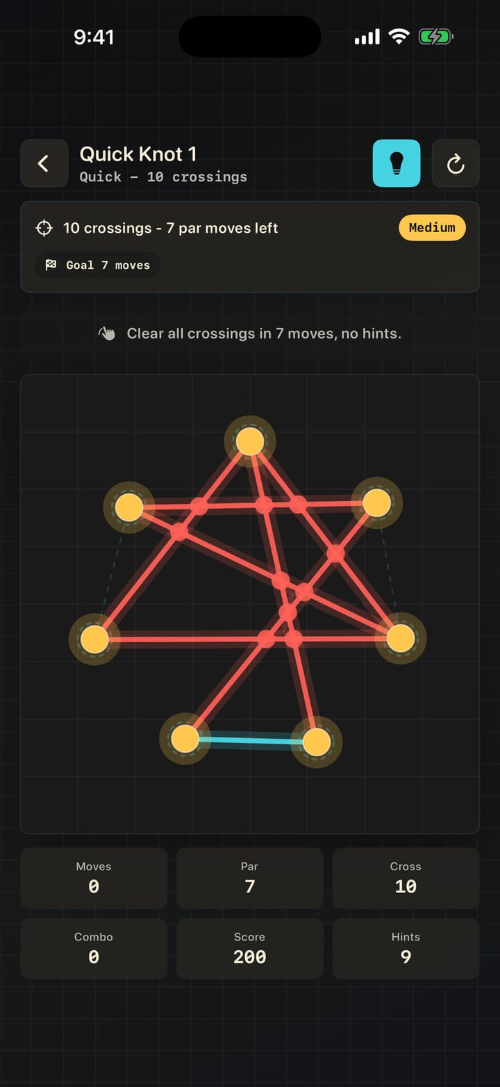 Tanglelight gameplay showing a bright crossed-thread logic puzzle with seven pins.